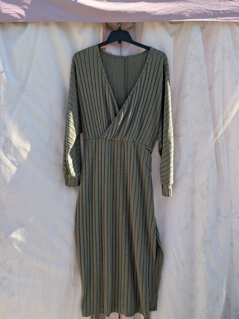 Olive Green Ribbed Wrap Midi Dress